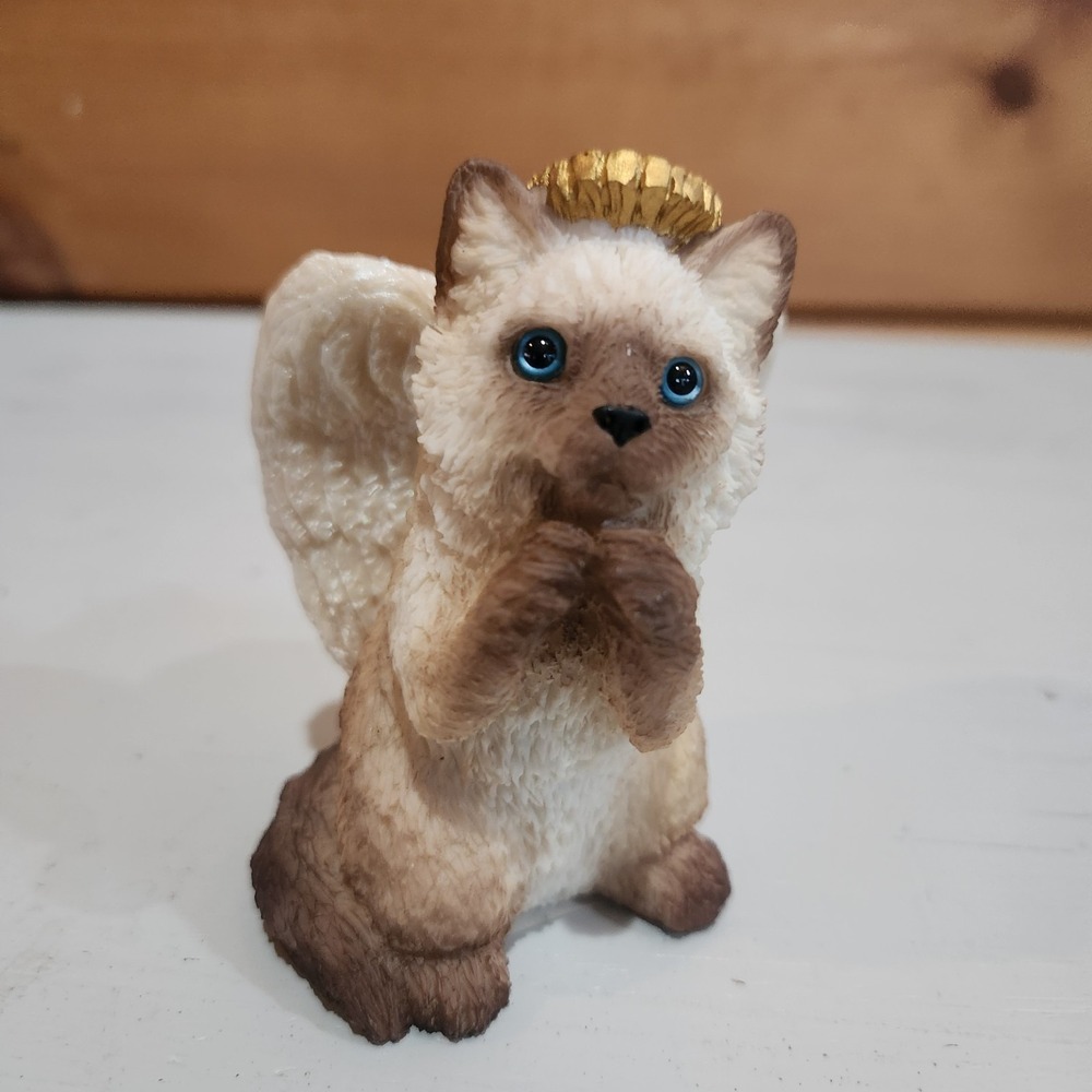 Vintage 90s United Design Stone Critters Figurine Halo Angel‎ Cat 880 Blue Eyes